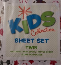 Kids Collection Sports Theme Twin Sheet Set NWT Flat Fitted Sheets 1 Pillowcase