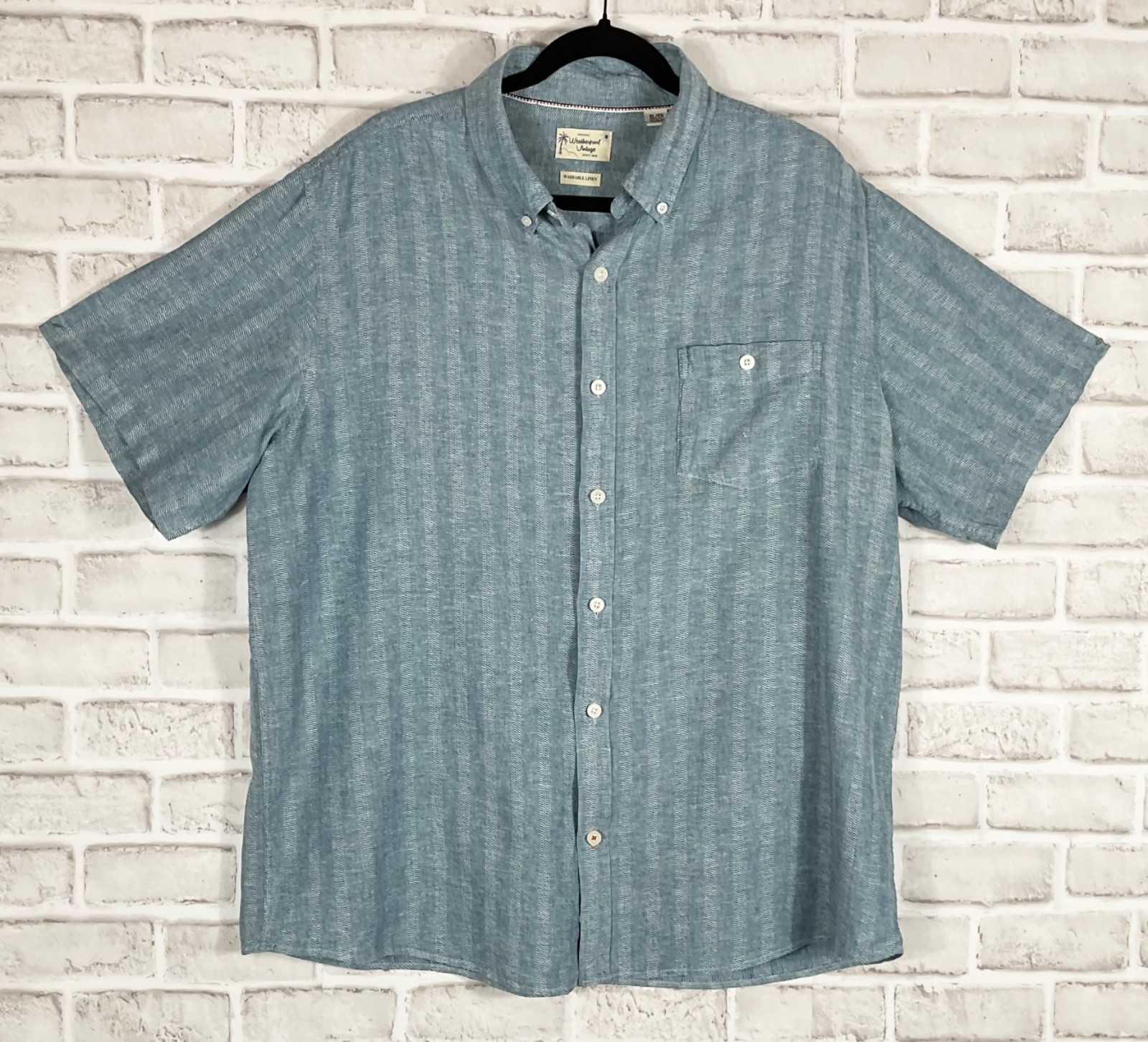 Weatherproof Vintage Shirt Mens Sz XL Blue Stripe Linen Button Down Short Sleeve