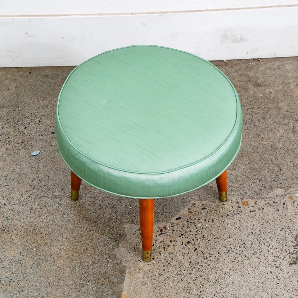 Mid Century Modern Ottoman Stool Aqua Wood Vintage Mcm Round Mcm Blue Green - Image 2 of 4