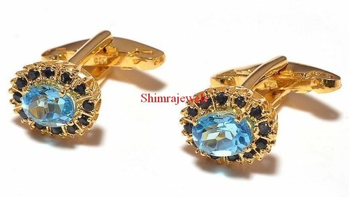Natural Blue Topaz & Heated Sapphire With 18K Gold Plated Silver Cufflinks #59 - Picture 11 of 11