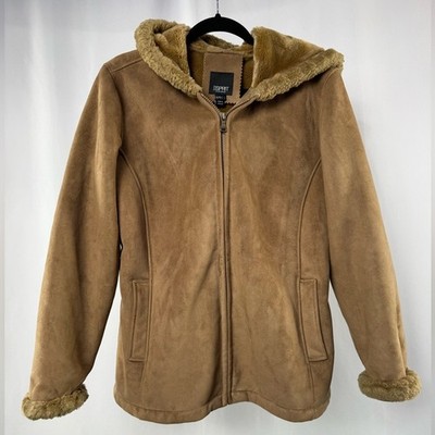 Esprit Faux Suede Hooded Jacket in Brown Size Medium