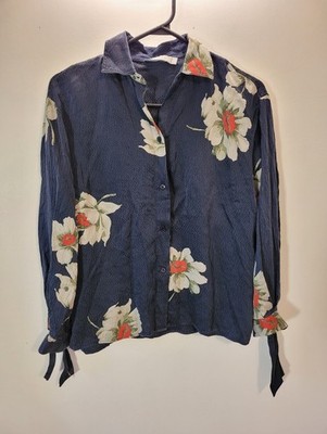 Vince Gardenia Floral 100% Silk Navy Button-Up Blouse With Tie Sleeves - Size Xs