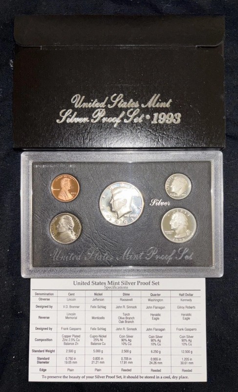 1993-S US Mint Silver Proof Set with COA & Original Packaging, 5 Coins Total.