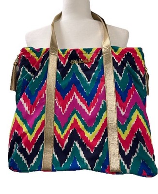 Lilly Pulitzer Tote Bag Multi Hearts A Flutter Gold Accents Tassel Expandable