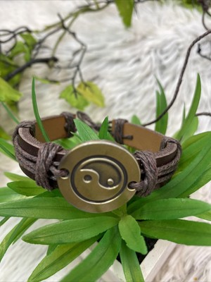 Men Women GOLD BROW Tai Chi Ying Yang Pattern Faux Leather Braid String Bracelet