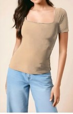 LADIES CAP SHORT SLEEVE WOMAN SQUARE NECK  PLAIN T-SHIRT  FITTED TEE TOP UK 8-26