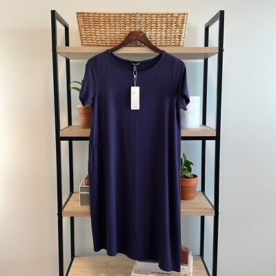 hemming a jersey dress NWT Eileen Fisher Navy Short Sleeve Viscose Asymmetrical Hem Dress, XS color-collection::isabella