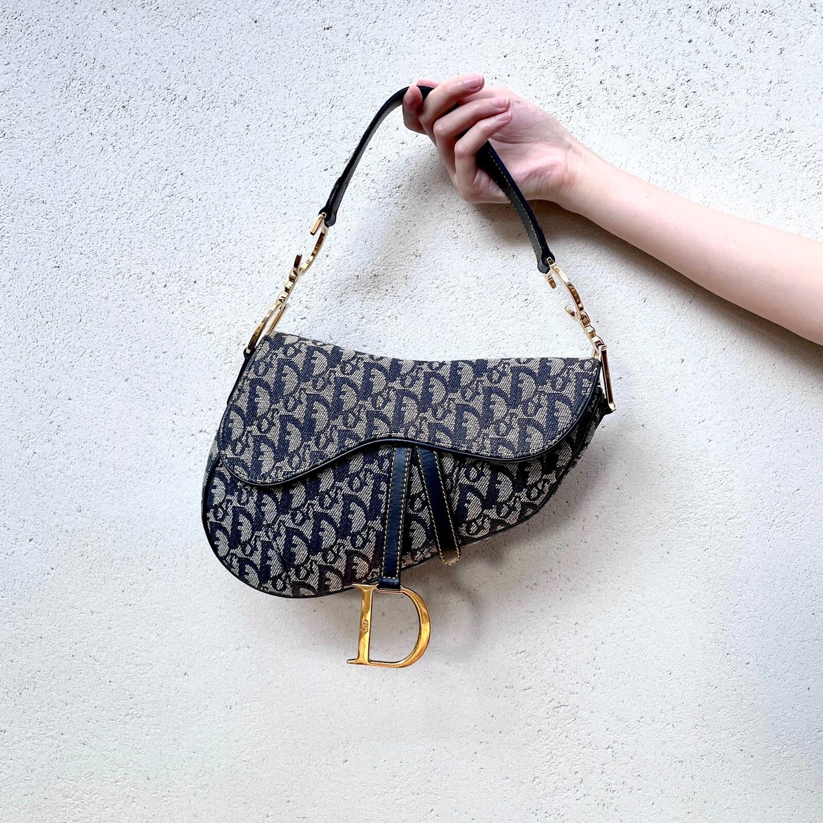Christian Dior トロッター RAREAuth CHRISTIAN DIOR Medium Navy Canvas Trotter Saddle