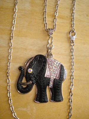 32'' Drop Rhinestone Resin Blk Elephant ''Remover of Obstacles'' Good Luck Necklace