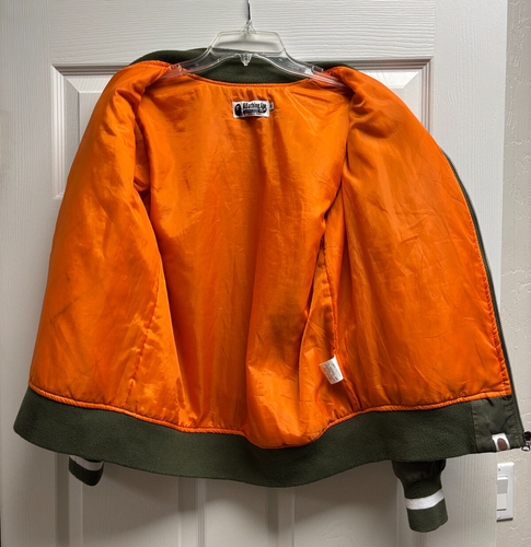 Vintage A Bathing Ape BAPE Varsity Bomber Jacket Green Orange Logo Japan Size S - Picture 20 of 24