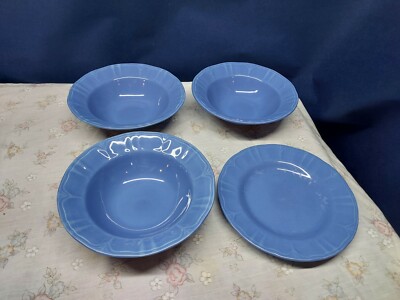 Vintage Gibson Everyday Designs Denim Blue Set/3 Soup/Salad Bowls+ Dessert Plate