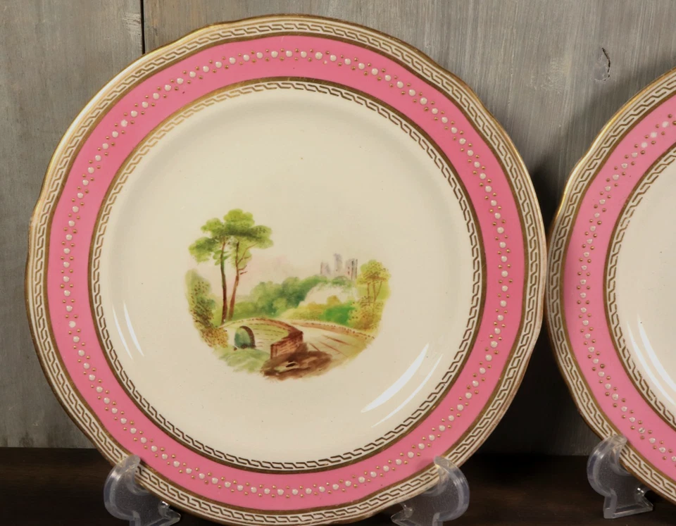 Paire Assiette Ancien Vieux Porcelaine de Paris Empire Émaillé Rose Paysage XIXe - Photo 2/4