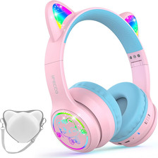 IFECCO Kids Wireless Headphones with Case,Cute LED Light Up Cat Ear Children Gir