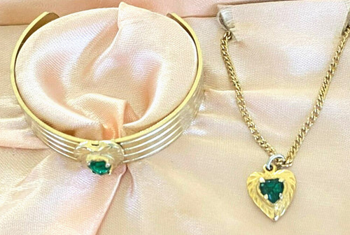 Vintage Child-Size 14K Gold Plated Pendant w/Matching Bracelet Green Stones