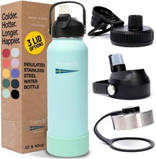 40oz Insulated Water Bottle Stainless Steel Leakproof Straw 3 Lids Kit