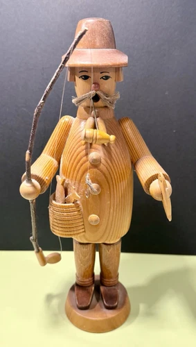 ROTHENTHAL ERZGEBIRGE? GERMAN Fisherman WOOD INCENSE SMOKER  W/ Pole/Fish 10 3/8