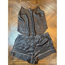 Victoria's Secret Satin PJ Cami Short Set Black Logo Print Pink Trim XL