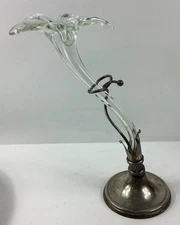 Vtg Art Nouveau Style Hand Blown Glass Lily Flower Epergne Metal Stand Vase