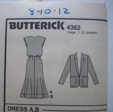 80's Loose fit elastic waist dress & jacket pattern 4362  size 8 10 12 UNCUT