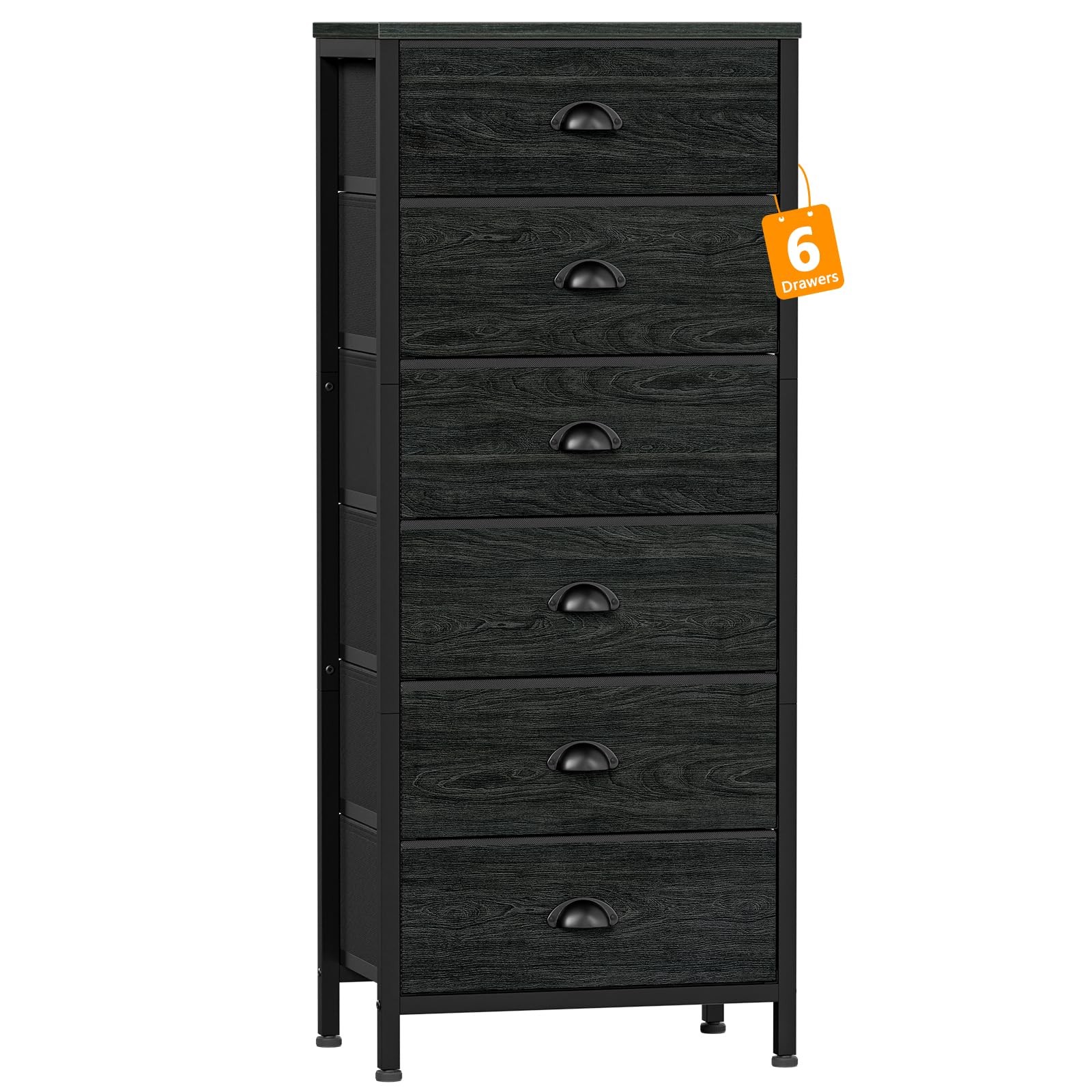 6-Drawer Tall Dresser Vertical Bedside Chest in Black for Bedroom Storage
