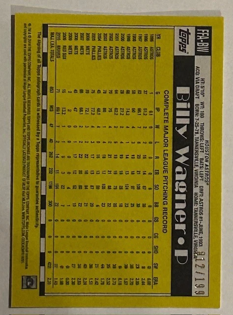 2016 Topps Archives Fan Favorites BILLY WAGNER Astros ON CARD AUTO 012/199 - Image 2 of 2