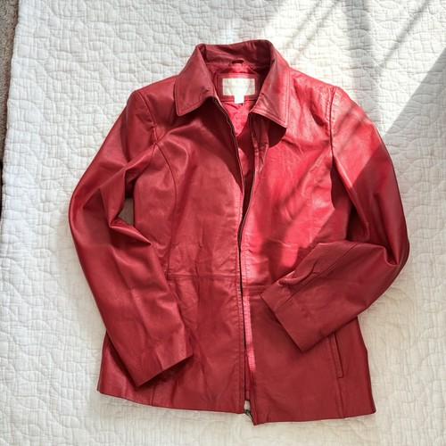 Worthington Women's Red Leather Zip Jacket, Collared & Lined, Size S