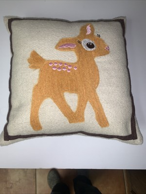 Baby Deer Wool Embrodered Pillow 11x11 With Pink Spots.  Baby Shower Gift