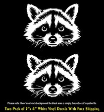 Cute Raccoon Graphic Two 5" White Vinyl Decal Car Window Trailer Camper