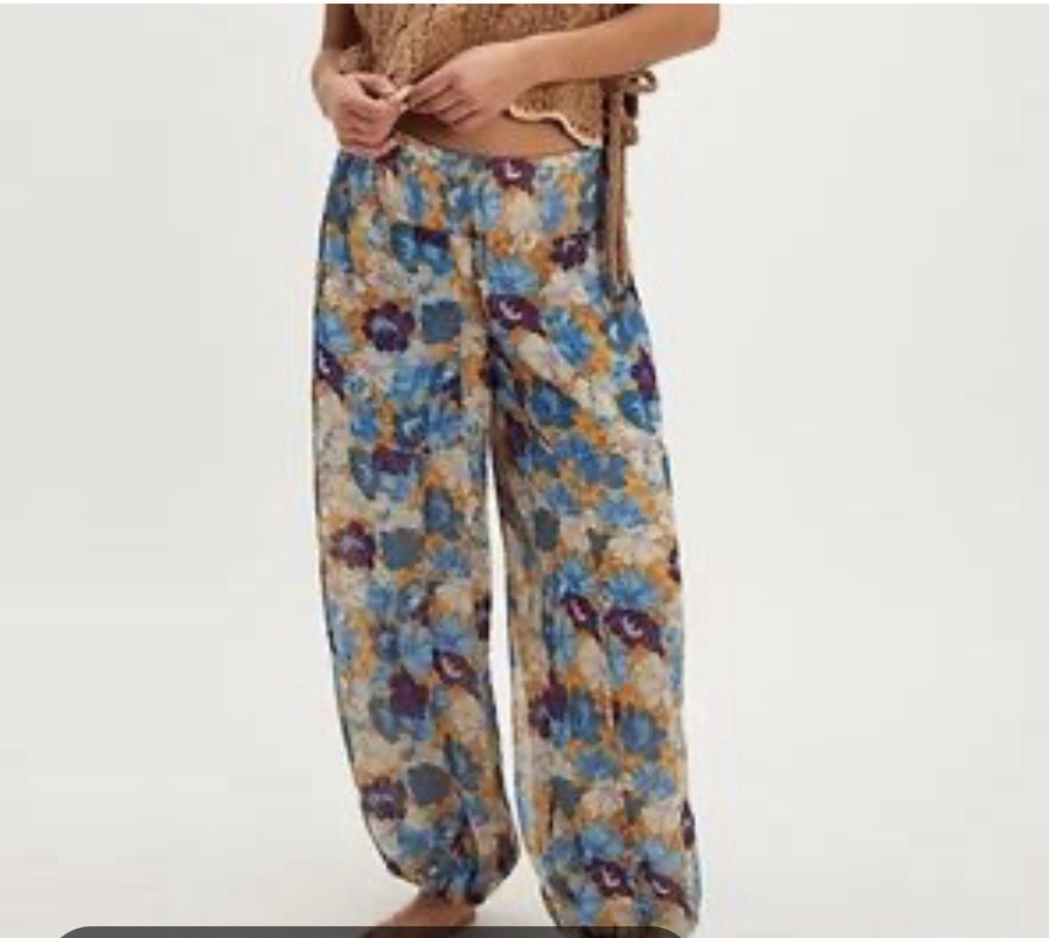 Free People Wide-Leg Pants Floral Elastic Waist Blue Combo Bohemian Women S