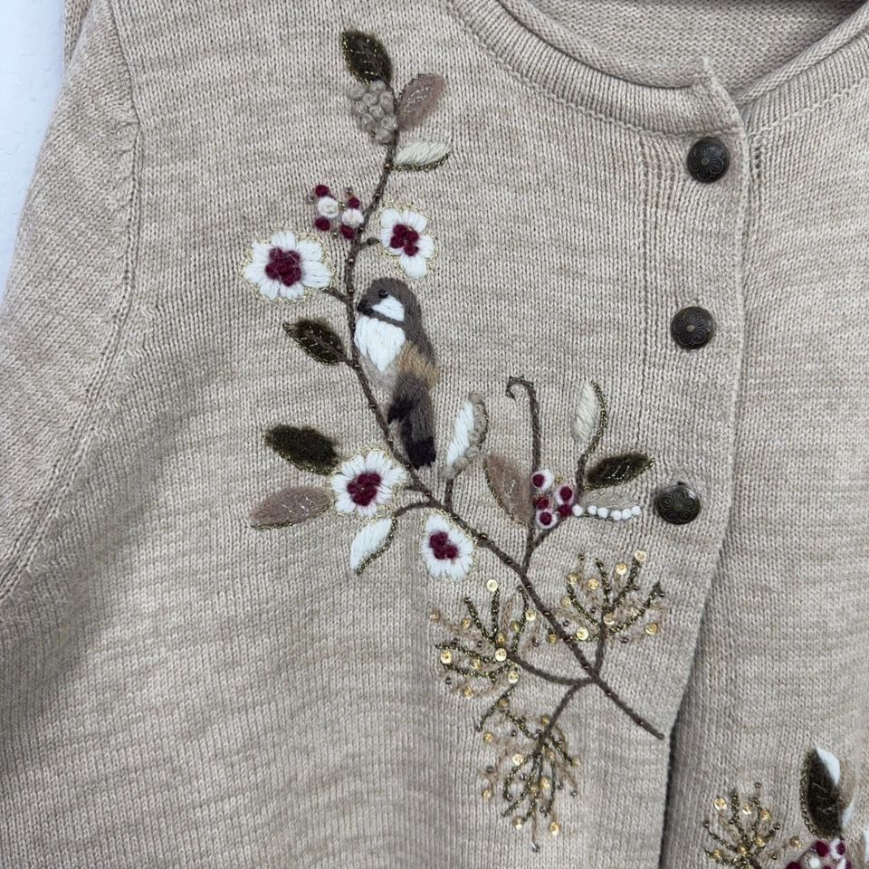 Cárdigan Suéter Coldwater Creek Mujer 1X Bordado Tejido Pájaros Flores Casa de Campo Foto 4 de 4