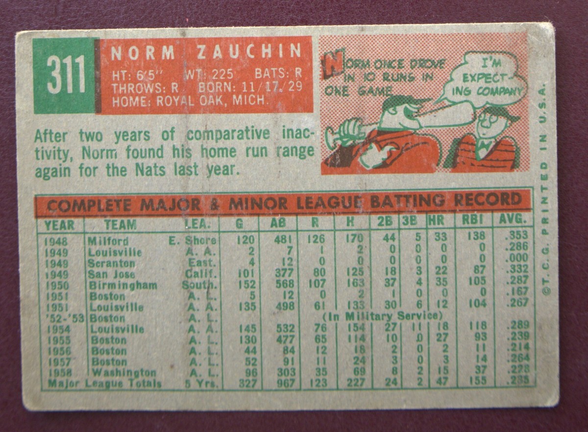 1959 Topps Norm Zauchin (Washington Senators) #311 VG | eBay