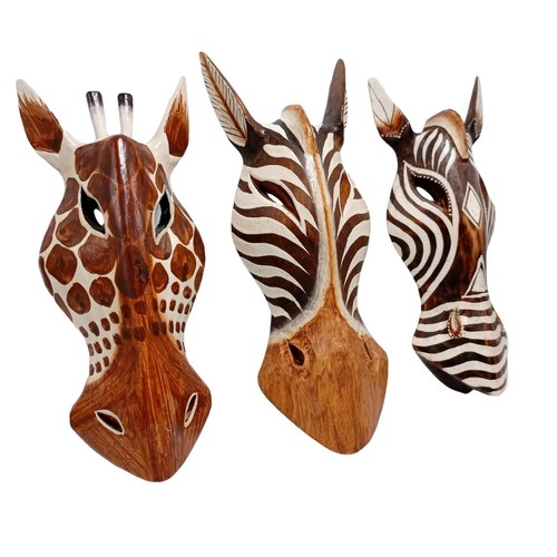 Animal Wood Mask Hand Carved Giraffe Horse Face Safari Wall Hanging 10 inches - Picture 2 of 13