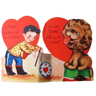 Vintage 1950s Valentine Card Aner-i-Card ''I'd Dare Anything for You'' Boy Lion