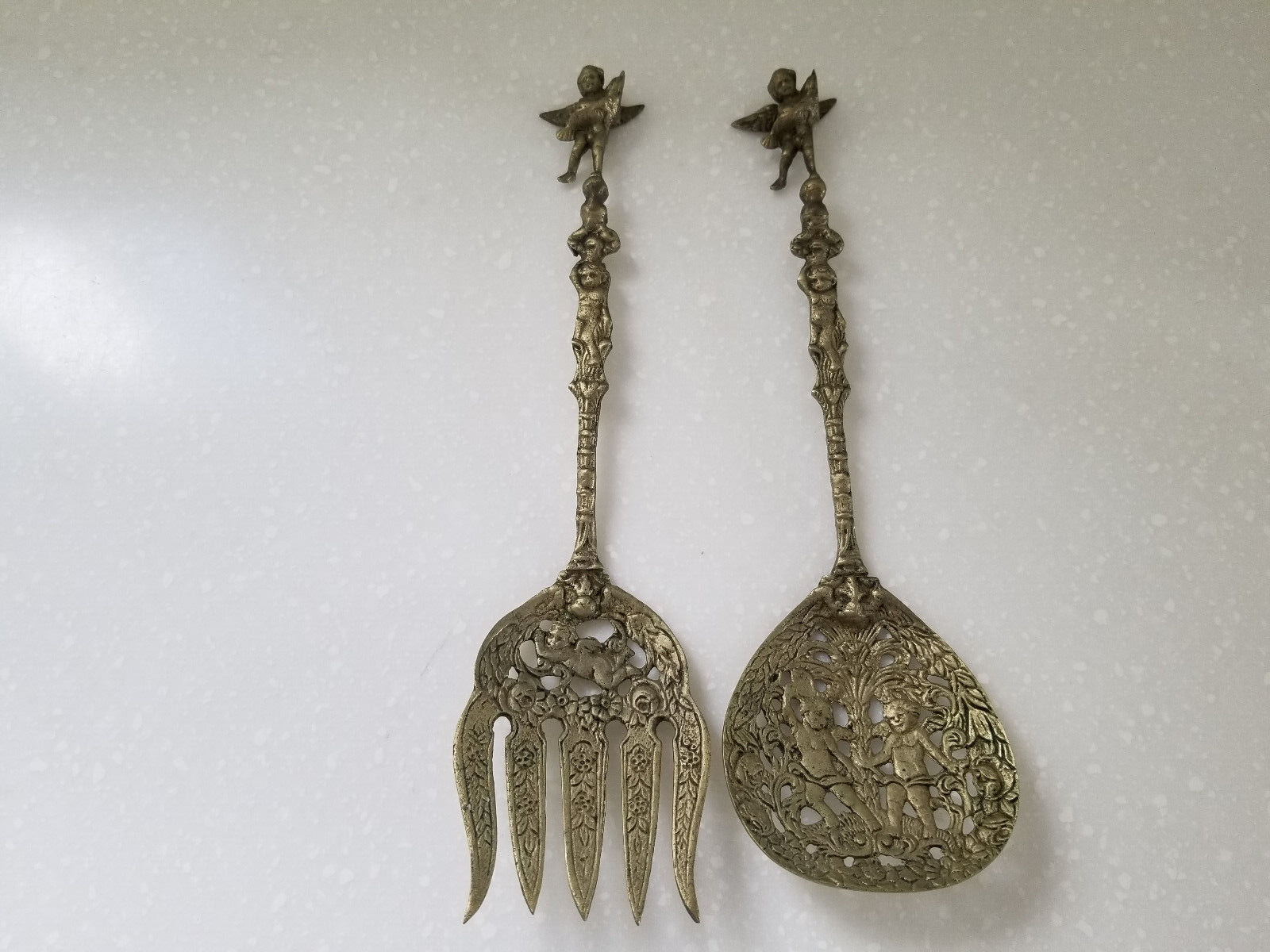 Vintage Brass Ornate Cherub Serving Fork & Spoon 10