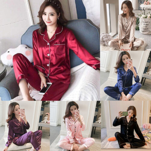Womens Satin Pyjamas Ladies PJs Silk Long Sleeve Soft Nightwear Sleepwear Set - Picture 1 of 22