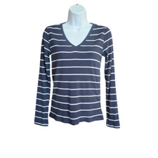 Gap Modern Tee Womens Navy Striped LS Top M Vneck Pima Nautical Coastal Layers