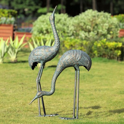 Set Of Two Aluminum Beautiful Foraging Cranes Centerpiece Indoor Outdoor Decor