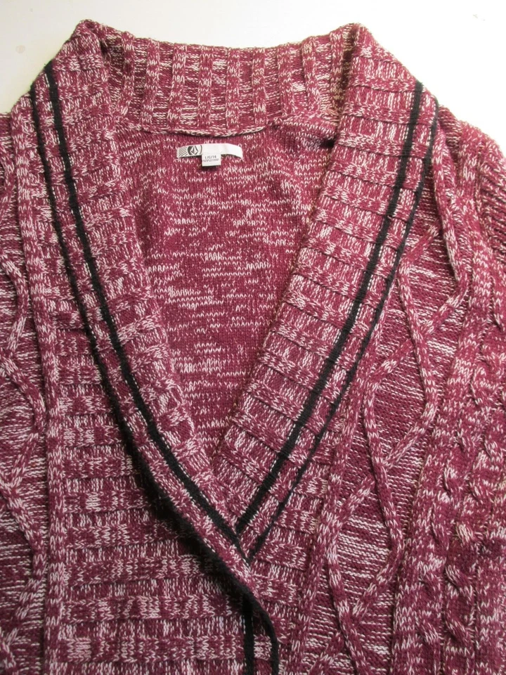 VOLCOM Long Cardigan Sweater Women Juniors Size 14 Maroon Heather Retro 70's - Image 4 of 4