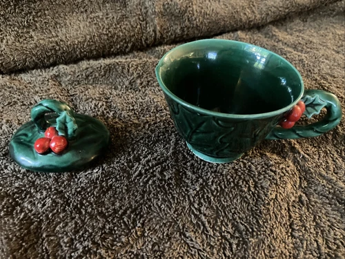 Vintage Lefton Holly Leaf & Berry Green Tea Cup 2047, Lid, and Creamer 1355