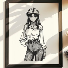 Hand Drawn (Not a Print) Evangelion Misato Katsuragi Framed Anime Ink Drawing