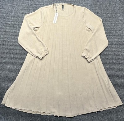 Barrels And Oil Dress Womens M Beige Pleated Long Sleeve Swing Trapeze A Line