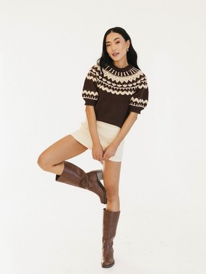 ZARA BROW ECRU SHORT SLEEVE JACQUARD WOOL BLEND KNIT SWEATER TOP SIZE L UK 10/12