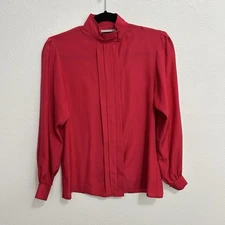 John Meyer VTG 80s Red 100% Silk Top Blouse High Neck Panel Button Front Size 8