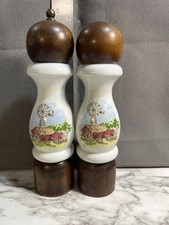 Salt Shaker  Pepper Mill Vintage Wood  Ceramic Farmhouse Scene 9  H 159 