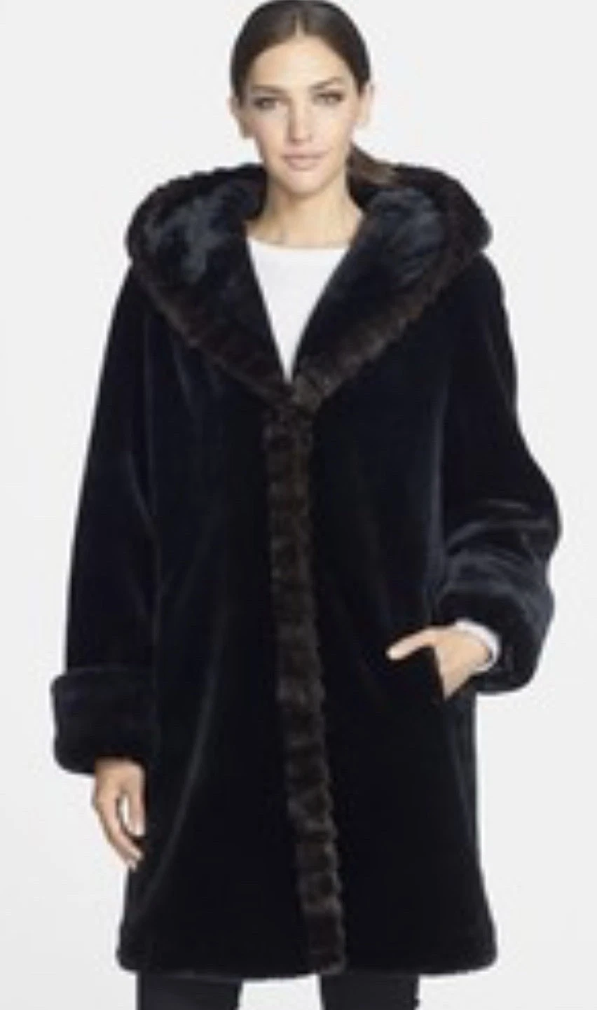 Gallery New York Hooded Faux Fur Walking Coat Size UK L Elegant Glamorous Chic