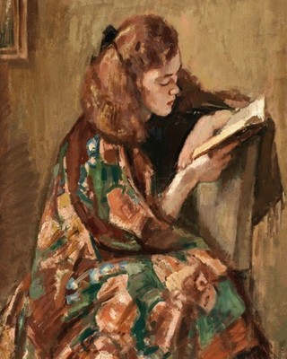 Vintage Reading Girl painting print antique painting
