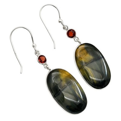 Blue Tiger Eye & Hessonite Garnet 925 Sterling Silver Earrings Jewelry E-1002