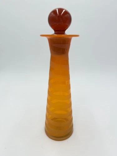 Vintage Blenko ? Art Glass Orange Tangerine Swirl Stripped Vase W/Lid Rare 10”H