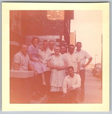 Vtg Color Snapshot Large Family Group Men Women Brick Building Street 1960s