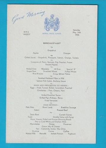 Original Royal Mail Line R.M.S. ANDES  Breakfast  MENU  Blue